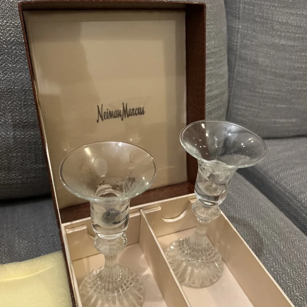 Pair of Neiman Marcus Crystal Candlesticks Preowned With Case